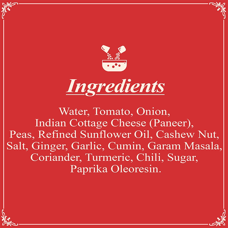 Ingredients Mutter Paneer SR Ingredients Mutter Paneer SR
